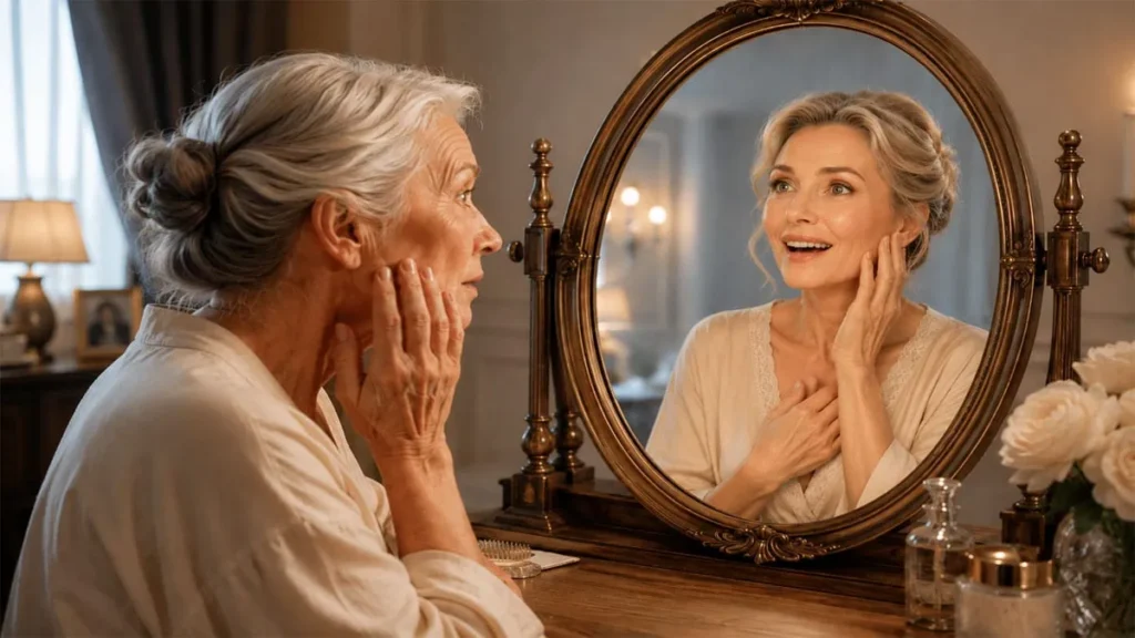 Woman looking at a firmer facial reflection in a mirror after HIFU Therapy Marbella