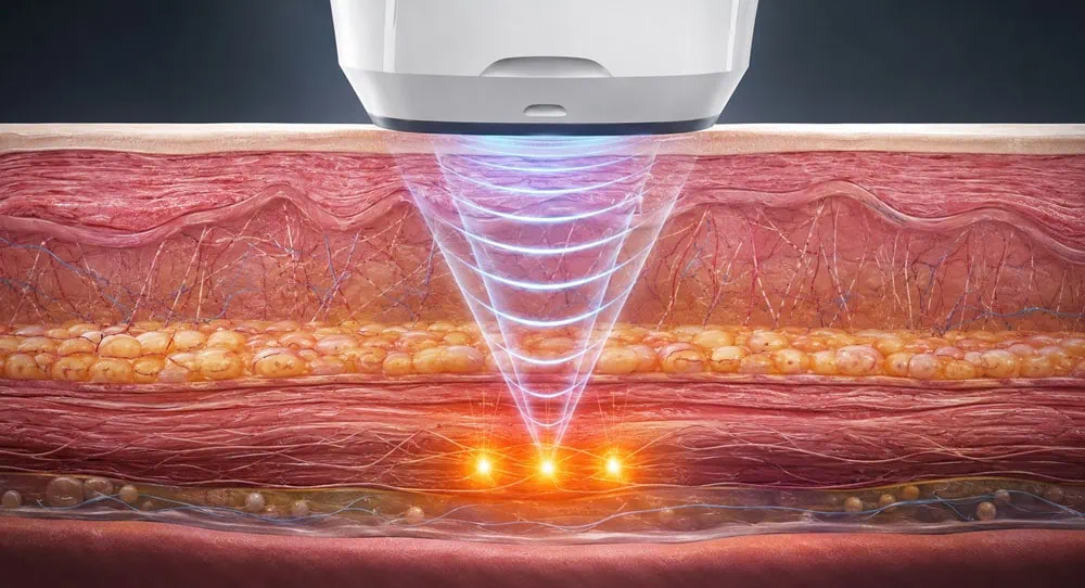 Focused ultrasound passing through skin layers and concentrating at a target depth