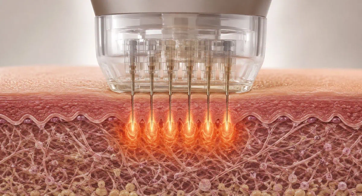 RF microneedling in Marbella showing controlled radiofrequency action within the skin