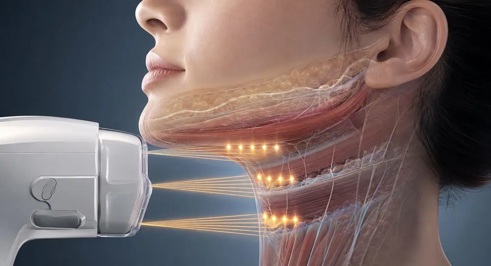 Ultraformer MPT ultrasound treatment at different depths of the lower face and neck